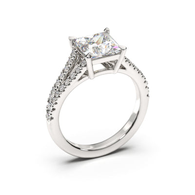Diamond ring with a central gemstone and smaller diamonds on a white background